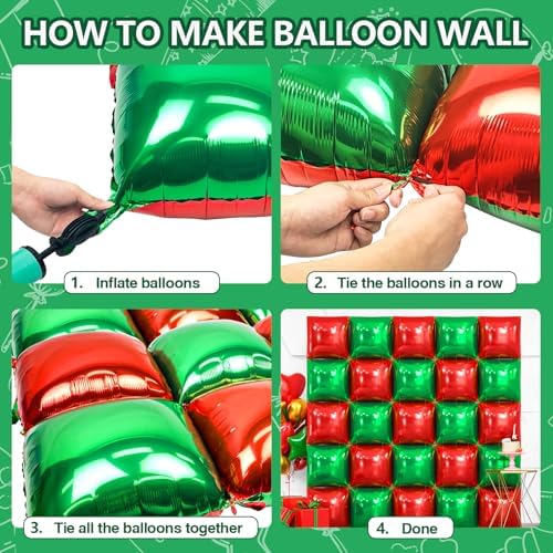 NISOCY 25PCS Red and Green Square Foil Balloons Wall Backdrop - Image 5