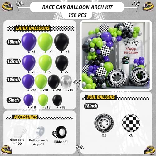 Monster Truck Balloon Arch Garland Kit 156pcs, Green Purple Black Silver Big Wheels Race Car Balloons Arch Kit for Two Fast Theme Boy Birthday Anniversary Monster Truck Party Decorations - Image 2