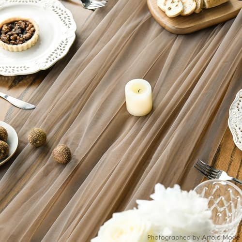 Artoid Mode 3PCS Coffee Gauze Table Runner 120 Inch 10FT, Seasonal Sheer Kitchen Dining Holiday Wedding Birthday Baby Shower Table Decor for Home Party - Image 6