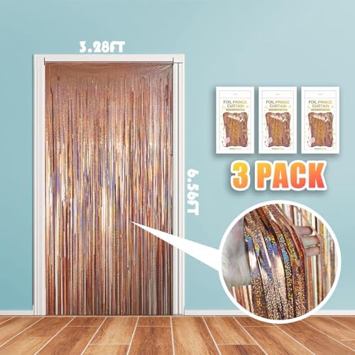 3 Pack 3.28ft x 6.56ft Glitter Rose Gold Tinsel Foil Fringe Curtains, Photo Booth Backdrop Party Decorations for Birthday Wedding Baby Shower Galentines Bachelorette New Years - Image 2