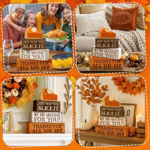 Moucuny 4 Pcs Fall Coffee Table Decor, Grateful Pumpkin Pie Wood Block Sign - Image 5