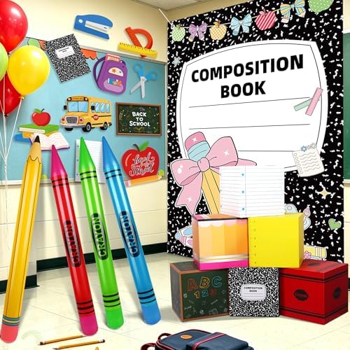 Fovths 21 Pcs Giant Back to School Theme Party Decorations 45 Inch Large Inflatable Pencil Crayon 6 Party Favor Box 6.6ft Notebook Backdrop for Back to School Birthday Decor, Combo - Image 5