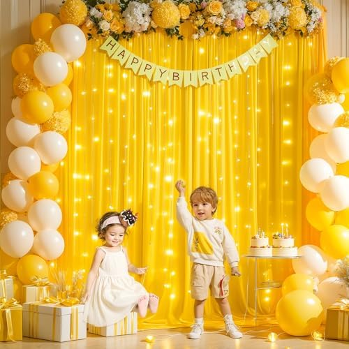 Yellow Backdrop Curtains with Lights for Parties,10x10FT Wrinkle Free Wedding Photo Backdrop Light Tulle Curtains for Baby Shower Birthday Ceremony Reception Home Party Decorations-5ft x 10ft - Image 5