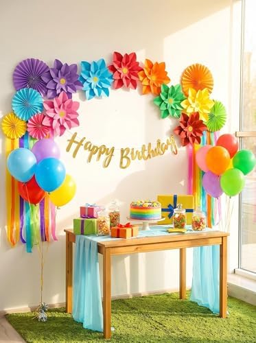 Rainbow Paper Fiesta Flower for Wall 10" Set of 7 Carnival Rainbow Theme Party Birthday Celebration Backdrop Decoration - Image 3