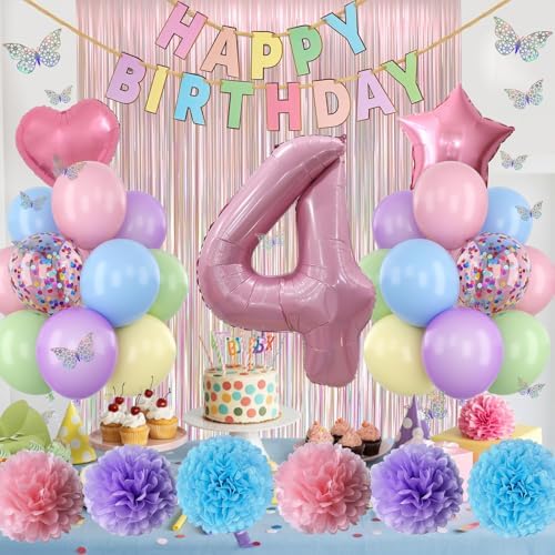 Pastel 4th Birthday Colorful Party Decorations Girls Pink Number 4 Balloon - Image 6