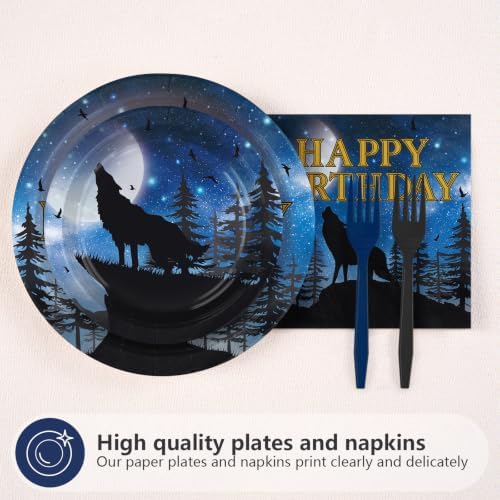 96Pcs Wolf Birthday Party Decorations Wolf Paper Plates and Napkins Full Moon Animal Decoration for Boys Birthday Party Supplies Serves 24 - Image 2