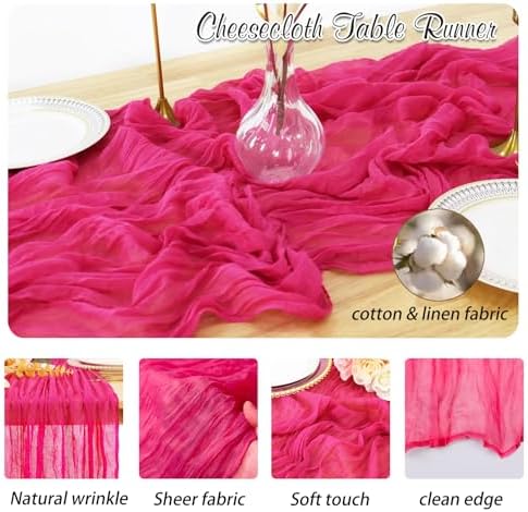 Hot Pink Cheesecloth Table Runner 2 Pack 35" Boho Gauze Table Runner 120 inches Long Runner Rustic Sheer Fabric Bulk for Baby Shower Wedding Bridal Birthday Party Table Decorations - Image 3
