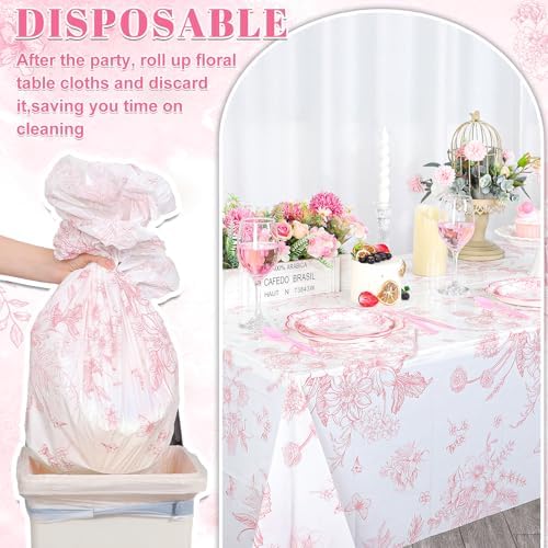 6 Pcs Pink Floral Plastic Tablecloths, Disposable Wedding Table Cloth - Image 4