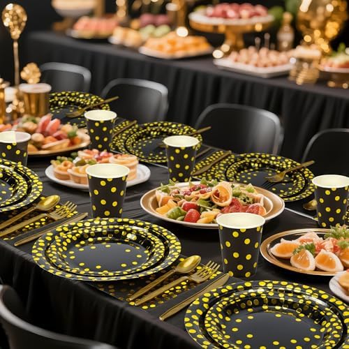 Black and Gold Dots Party Plates,168PCS Birthday Tableware Party Supplies - Image 5