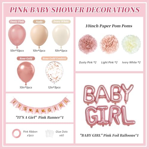 Vicduotex Pink Baby Shower Decorations with Ivory Paper Pom Poms - Image 2
