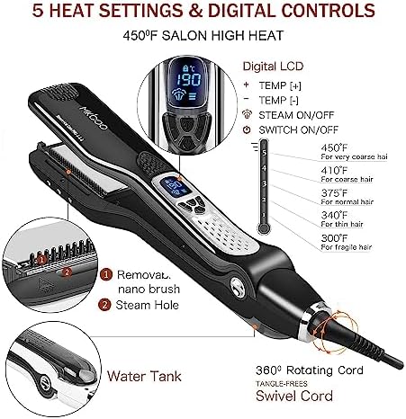 Hair Straightener with Steam, Salon Professional Nano Titanium Ceramic Steam Flat Iron with Removable Comb+Digital LCD+5 Level Adjustable Temperature+Auto Temperature Lock Black - Image 5