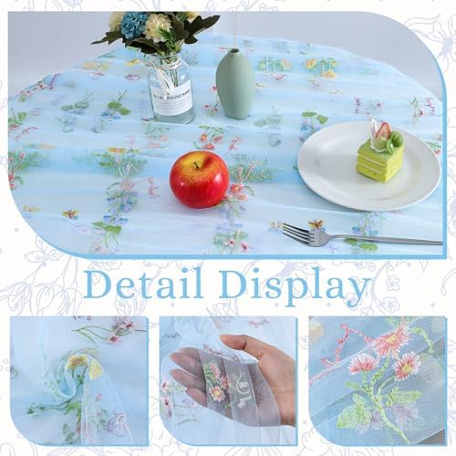 BINBE 1pcs Blue Florals Table Runner Embroidery Gauze 10FT Daisy Seasonal Tulle Birthday Wedding Holiday Kitchen Dining Table Decor for Home Party - Image 3