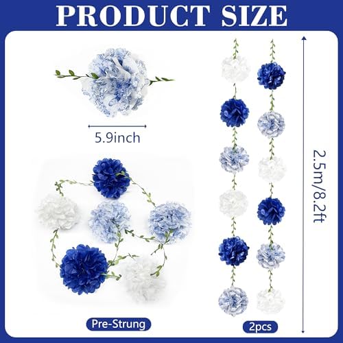 Blue and White Floral Royal Blue Tissue Flowers Pom Pom with Sage Green Leaf Ribbon Hanging Streamer Garland for Birthday Wedding Shower Engagement Chinoiserie Themed Party Decorations Supplies - Image 2