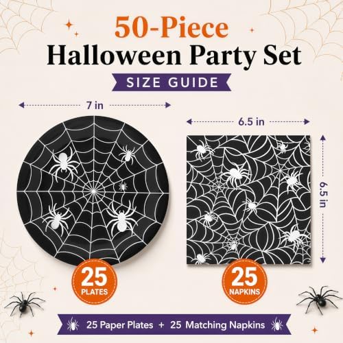Halloween Plates and Napkins Set, 50-Piece Spider Web Party Set - Image 2