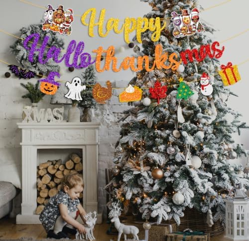 Colorful Glittery Happy Hallothanksmas Banner Holiday Party Decorations - Image 7