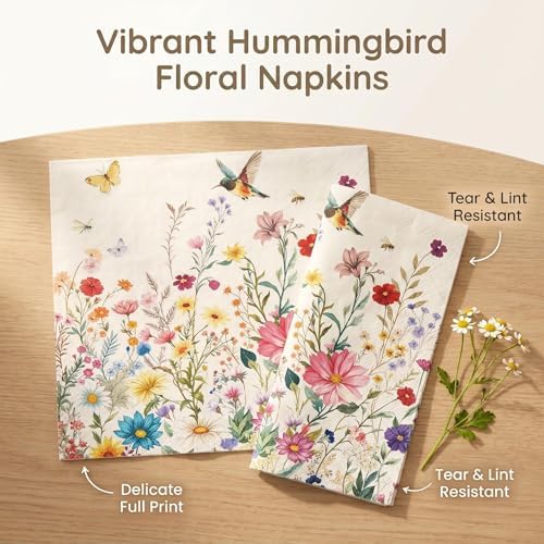 50PCS Wildflower Napkins 13 x 13 Inches, Hummingbird Floral Paper Napkins Flower Luncheon Dessert Cocktail Napkins Disposable for Picnic Wedding Birthday Baby Shower Tea Party Decorations (Wildflower) - Image 4