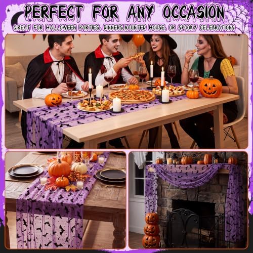 Remagr 3 Pcs Halloween Table Runner Flocked Lace, Bat Table Decor 30"x70" - Image 7