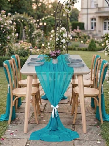 Pack of 2 Chiffon Table Runners 29 x 120 Inch, 14FT Long - Peacock Blue - Image 4