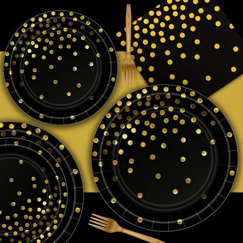 QZYL 122 Pcs Black and Gold Plates and Napkins, Black Plates Disposable for Party, Golden Birthday Tableware Serves 30, Gold Dots Retirement Party Supplies with Plate, Napkin, Fork and Tablecloth - Image 4