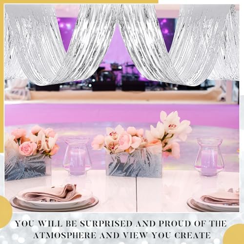 Breling 4 Pcs Silver Ceiling Fringe Curtains, Metallic Foil Drapes, 15 ft - Image 4