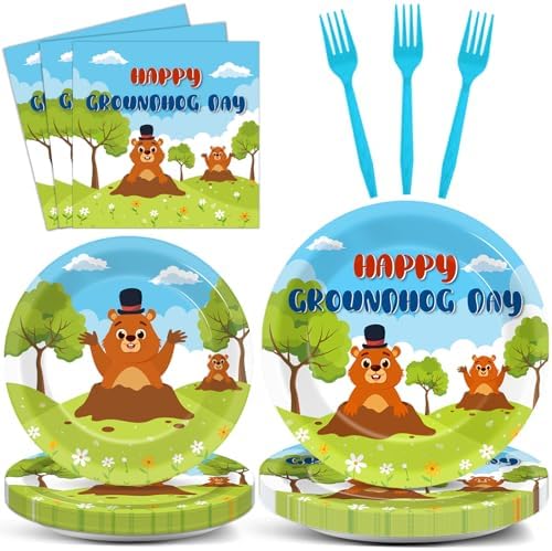 96 Pcs Groundhog Day Plates and Napkins Party Supplies Cute Animals Happy Groundhog Day Decor Tableware for 24 Guests Peeking Out Hole Weather Forecast Spring February 2nd Birthday Party Decorations by CHUNNIN