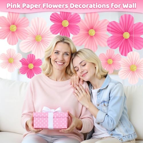 Pink Party Decorations, 9PCS Pink Paper Flowers Decorations for Wall - Image 5
