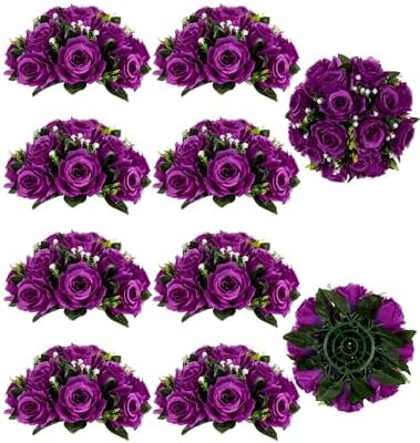 BLOSMON Flower Balls Wedding Rose Centerpieces 10 Pcs Purple Fake Flowers with Base Kissing Balls Decor Artificial Floral Arrangements Flower Bouquet of Roses Home Party Table DIY Decorations by Blosmon