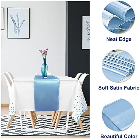 16Pack Disposable Plastic Tablecloths and Satin Table Runner Set White and Light Blue Dot Tablecloth Blue Satin Table Runner for Wedding Birthday Baby Shower Anniversary Engagement Xmas Party Supplies - Image 3