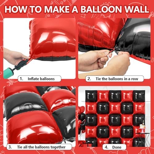 NISOCY 25PCS Red and Black Square Foil Balloons Wall Backdrop - Image 5