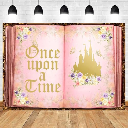 8x4ft Once Upon a Time Backdrop Fairy Tale Book Castle Photography Background Pink Floral Butterfly Princess Birthday Baby Shower Wedding Party Decor Photo Booth Props for Girls Photoshoot - Image 2