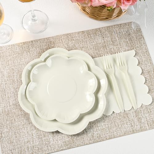 96 Pcs Ivory Paper Plates and Napkins Set Cream Party supplies for 24 Guest Including Beige Scalloped Disposable Dessert Paper Plates Napkin Plastic Fork for Baby Shower Bridal Shower Wedding - Image 4