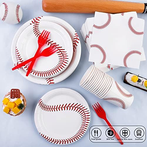 durony 144 Pieces Baseball Paper Plates and Napkins Dinnerware Set Baseball Birthday Party Tableware Supplies Includes Paper Plates Napkins Forks Serve 24 for Sports Baseballs Party Supplies - Image 4