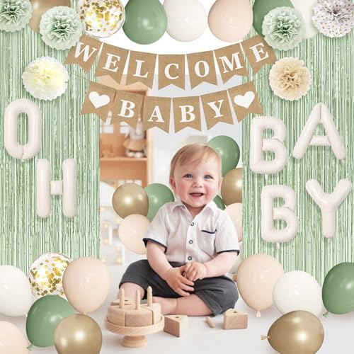 Ouddy Party Sage Green Neutral Baby Shower Decorations with Fringe Curtain - Image 5