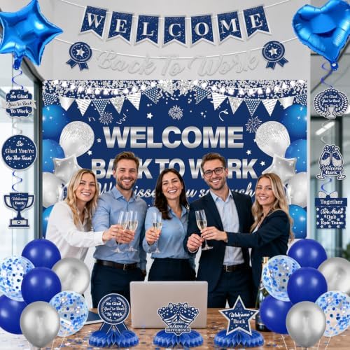 27pcs Welcome Back to Work Decorations Office Blue Silver Welcome Back to Work Banner Balloons We Missed You So Much Backdrop Hanging Swirls Table Centerpieces Foil Balloons for Back to Work Office - Image 2