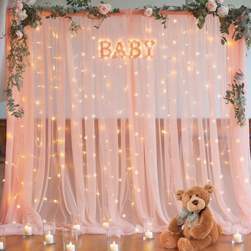 10x10ft Peach Tulle Backdrop Curtain with Lights String for Parites, Sheer Photo Backdrop Curtains for Wedding Baby Shower Birthday Party Photo Shoot Background Decorations - Image 7