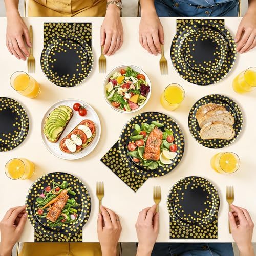 100 Pcs Black and Gold Paper Plates and Napkins Party Supplies,Serves 25 Guests Black Gold Plates and Napkins,Disposable Paper Tableware Set for Birthday Graduation Retirement Decorations - Image 6