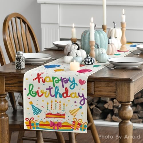 Artoid Mode Cakes Gift Hats Candle Happy Birthday Table Runner, Seasonal Kitchen Dining Table Decoration for Home Party Decor 13x72 Inch - Image 4