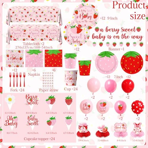 Strawberry Baby Shower Decorations for Girls, 190Pcs A Berry Sweet Baby is on the Way Party Supplies with Plates, Napkins, Cups, Banner, Tablecloth, Balloons, Cake Toppers, Honeycombs Serve 24 - Image 4