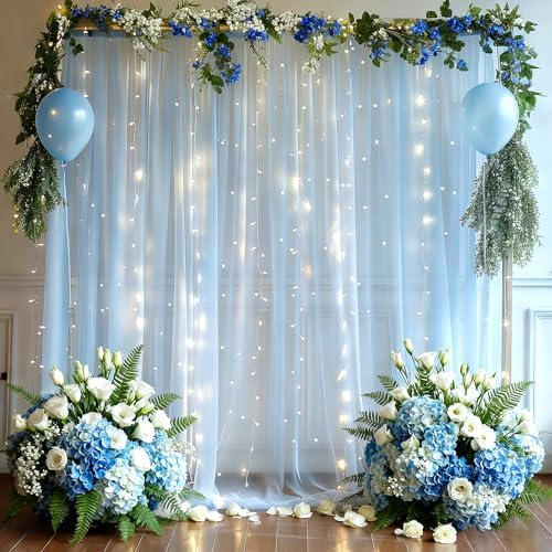 10x8ft Baby Blue Tulle Backdrop Curtain with Lights String for Parites, Sheer Photo Backdrop Curtains for Wedding Baby Shower Baby Boy Shower Birthday Party Photo Shoot Background Decorations by Partisky