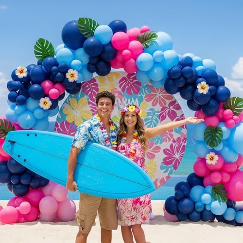 Hot Pink Blue Pink Balloon Garland Kit with Hawaii Ohana theme backdrop plam Hawaii card stickers for Summer Tropical aloha cartoon birthday party gender reveal Baby shower decorations - Image 4