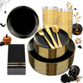 NOCCUR 350PCS Black and Gold Plastic Plates - Black Disposable Dinnerware Set for 50 Guests, 100 Dinner/Dessert Plates, 150 Gold Silverware, 50 Cups&50 Napkins for Party/Birthday/Halloween by NOCCUR