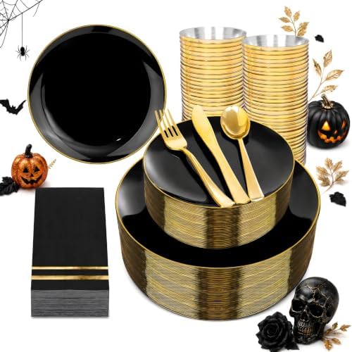 NOCCUR 350PCS Black and Gold Plastic Plates - Black Disposable Dinnerware Set for 50 Guests, 100 Dinner/Dessert Plates, 150 Gold Silverware, 50 Cups&50 Napkins for Party/Birthday/Halloween by NOCCUR