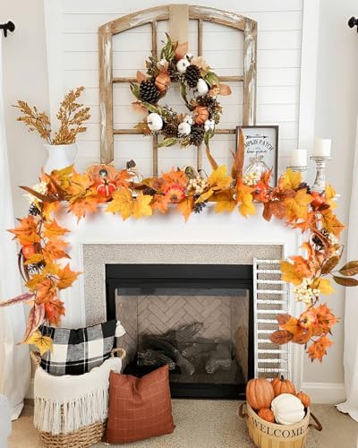 DearHouse Fall Maple Leaves, 6ft Artificial Autumn Foliage Thanksgiving Decor for Home, Wedding, Fireplace, Party, Christmas (Yellow&Brown) - Image 2