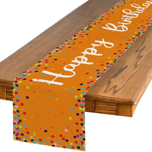 Artoid Mode Polka Dot Orange Happy Birthday Table Runner, Seasonal Fall Thanksgiving Kitchen Dining Table Decoration for Home Party Decor 13x72 Inch by ArtoidMode
