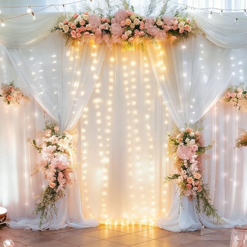 30 x 10ft White Backdrop Curtains with Lights String for Party by PartyTalk