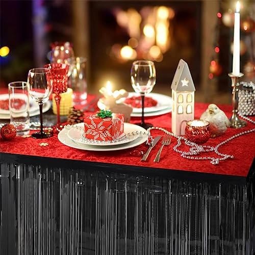 6 PCS Black Metallic Foil Fringe Tinsel Table Skirts 9 Feet x 29.5 Inch - Image 4