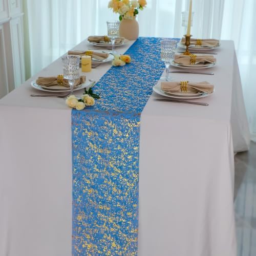 2 Pcs Royal Blue Gold Table Runner, Glitter Metallic Foil Mesh Roll 108" - Image 5