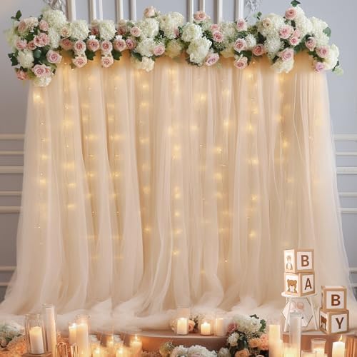 20x10ft Champagne Tulle Backdrop Curtain with Lights String for Parites, Sheer Backdrop Curtains for Wedding Baby Shower Birthday Party Photo Shoot Decorations - Image 3