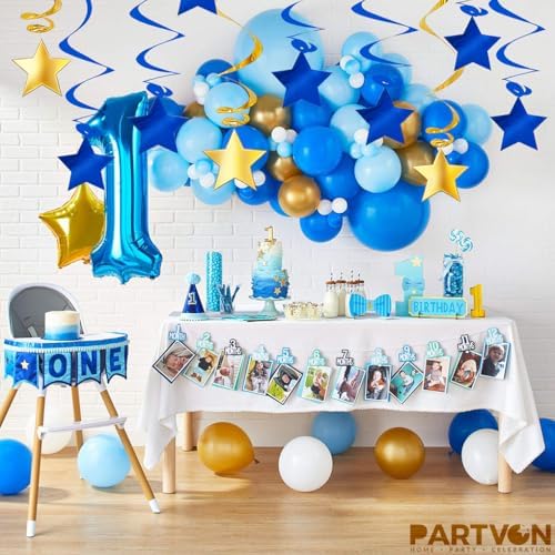 Blue Gold Hanging Swirl Decorations - 32 Pcs Metallic Ceiling Swirls with Foil Stars, Streamers for Graduation 2026, Wedding, Birthday, Nautical Theme, Father's Day, Retirement Party Supplies - Image 4