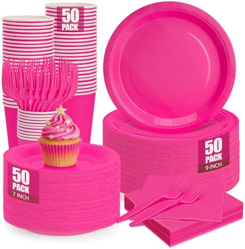 250Pcs Hot Pink Paper Plates and Napkins Supplies, Include 9’’Paper Party Plate, 7’’Dessert Plates Cups Napkins Forks Sets for Birthday, Anniversaries, Wedding, Picnics, Serves 50 by CENLBJ